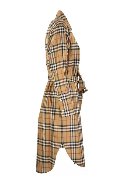 Shop Burberry Isotto Vintage Check Cotton Tie-waist Shirt Dress In Antique Yellow