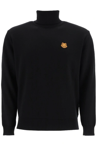 Shop Kenzo Turtleneck Sweater With Tiger Patch In Noir
