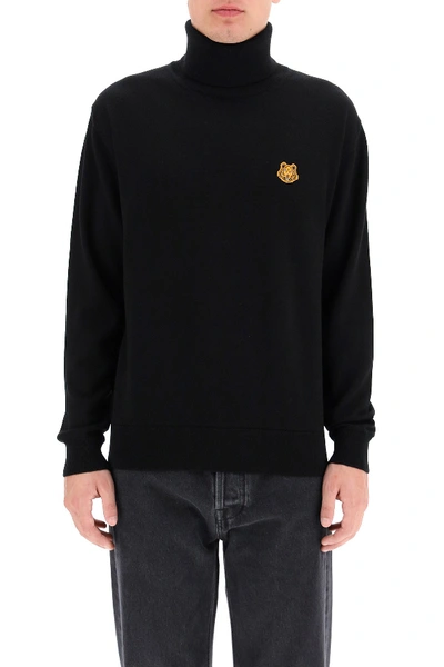 Shop Kenzo Turtleneck Sweater With Tiger Patch In Noir