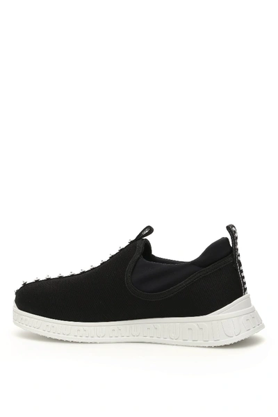 Shop Miu Miu Knitted Sneakers With Crystals In Nero