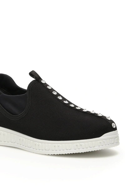 Shop Miu Miu Knitted Sneakers With Crystals In Nero