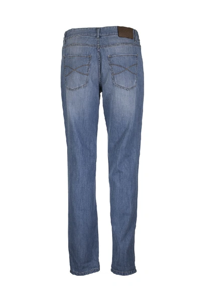 Shop Brunello Cucinelli Lightweight Denim Traditional Fit Five-pocket Trousers With Rip Details In Light Blue