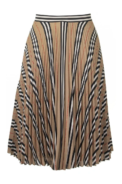 Shop Burberry Logo And Stripe Print Crepe Pleated Skirt In Archive Beige