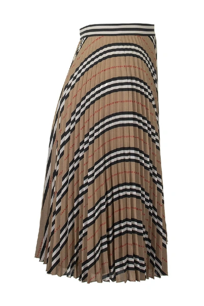 Shop Burberry Logo And Stripe Print Crepe Pleated Skirt In Archive Beige