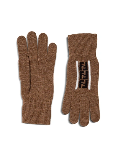 Shop Fendi Logoed Wool Gloves In Brown