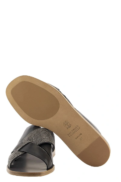 Shop Brunello Cucinelli Low Sandals Precious Crossover Sandals In Embossed Calfskin And Monili In Black