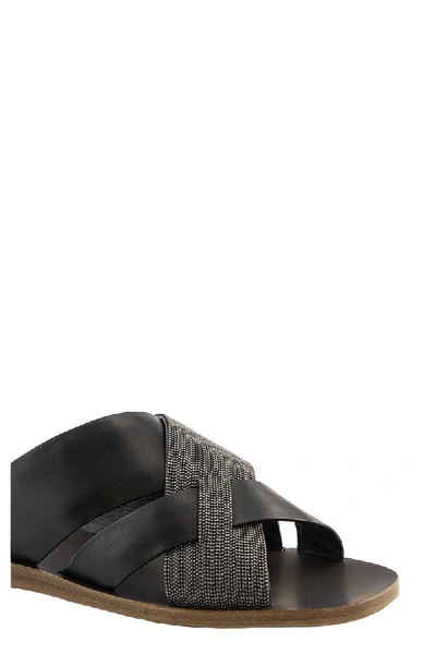 Shop Brunello Cucinelli Low Sandals Precious Crossover Sandals In Embossed Calfskin And Monili In Black