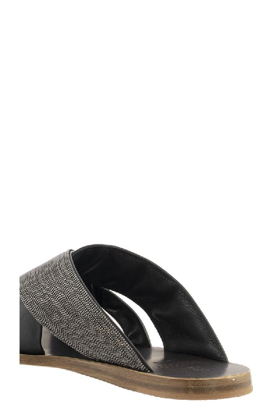 Shop Brunello Cucinelli Low Sandals Precious Crossover Sandals In Embossed Calfskin And Monili In Black