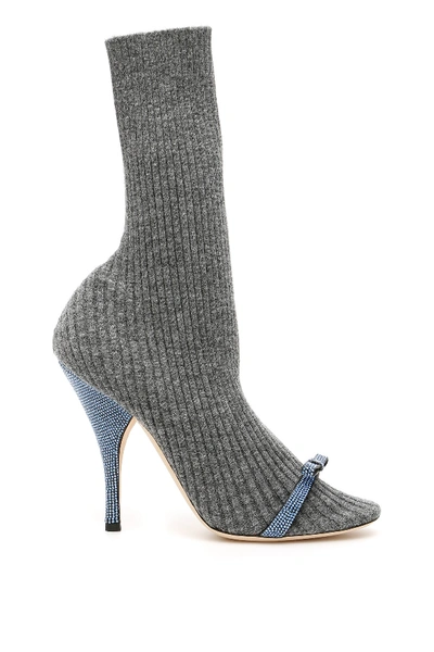 Shop Marco De Vincenzo Knit Booties With Micro Crystals In Grey Melange Light