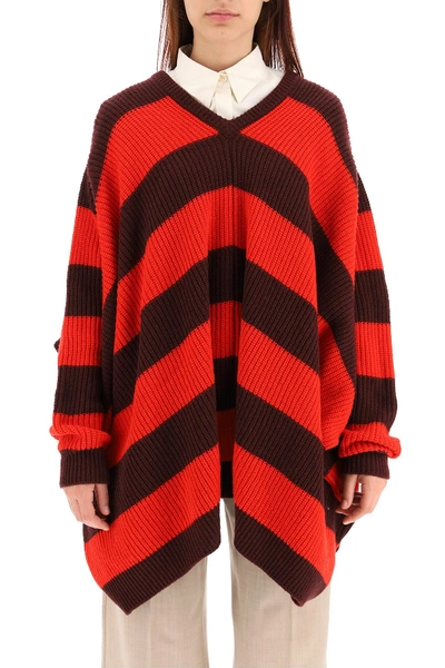 Shop Marni Striped Knit Cape Sweater In Dark Burgundy