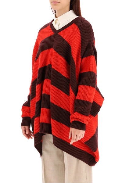 Shop Marni Striped Knit Cape Sweater In Dark Burgundy
