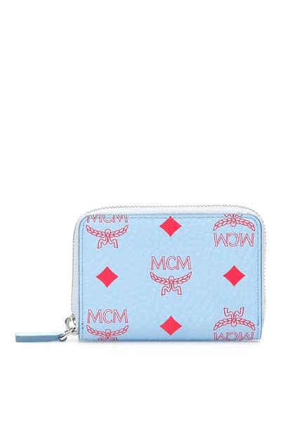 Shop Mcm Visetos Zip Mini Wallet/card Holder In Blue Bell