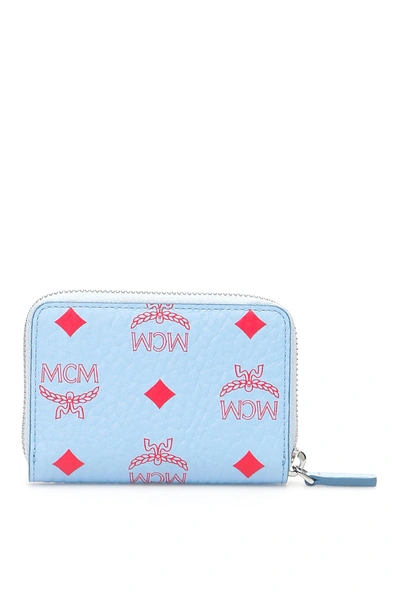 Shop Mcm Visetos Zip Mini Wallet/card Holder In Blue Bell