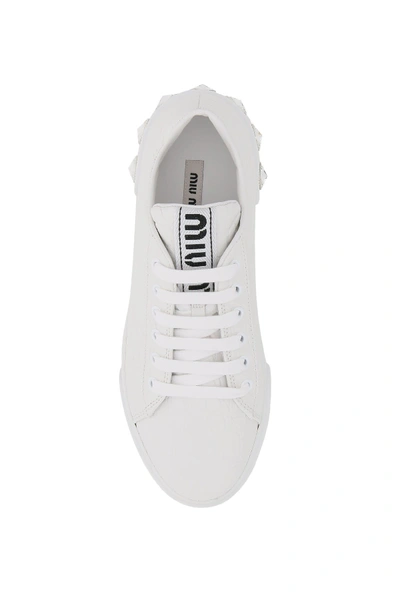 Shop Miu Miu Crocodile Print Leather Sneakers With Crystals In Bianco