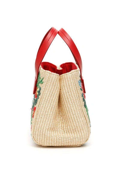 Shop Miu Miu Embroidered Raffia Tote Bag In Naturale Fuoco