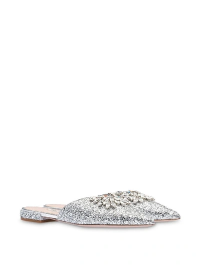 Miu Miu Embellished Glittered Mules In Argento