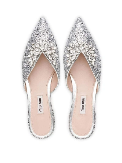 Miu Miu Embellished Glittered Mules In Argento