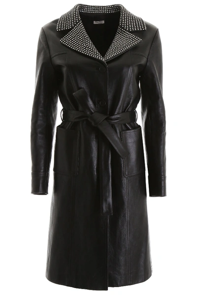 Shop Miu Miu Leather Coat With Crystals In Nero