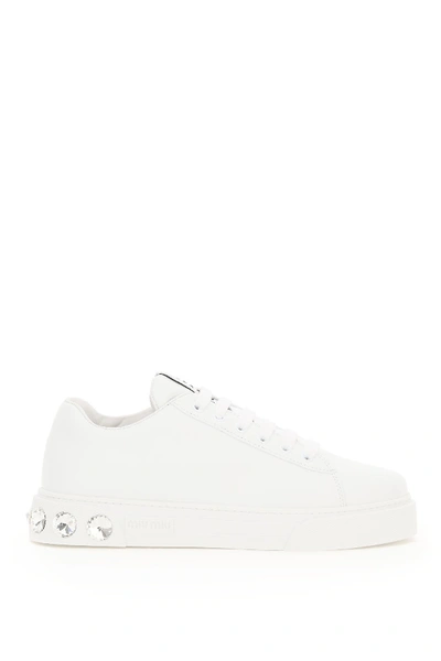 Shop Miu Miu Leather Sneakers With Crystals In Bianco