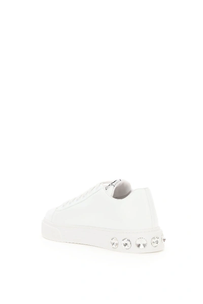 Shop Miu Miu Leather Sneakers With Crystals In Bianco