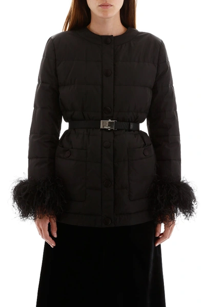 Shop Miu Miu Puffer Jacket With Ostrich Feathers In Nero