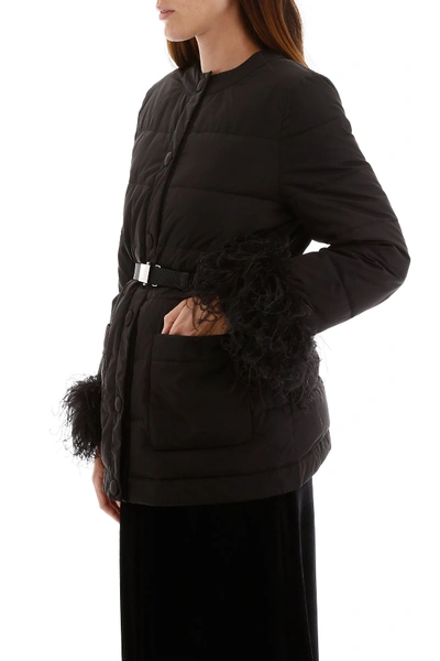 Shop Miu Miu Puffer Jacket With Ostrich Feathers In Nero