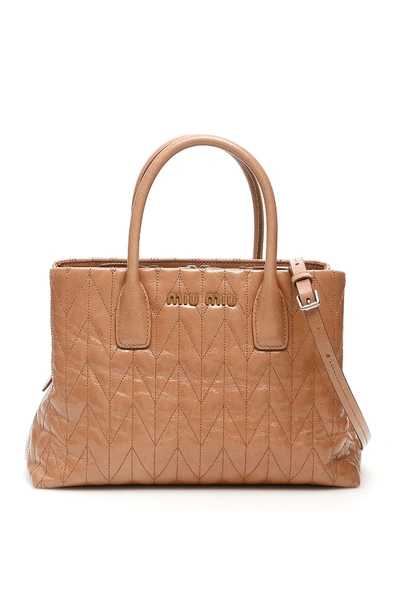 Shop Miu Miu Quilted Shine Calfskin Tote Bag In Cammeo