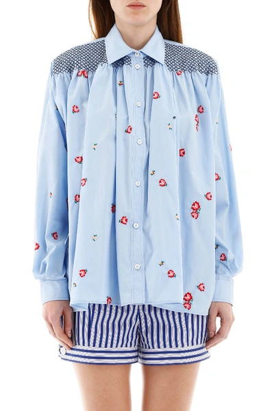 Shop Miu Miu Shirt With Embroidered Roses In Celeste