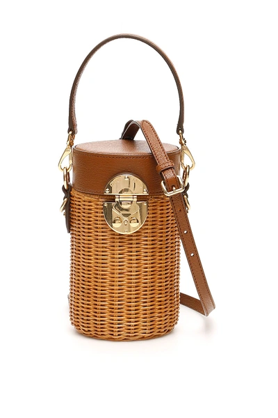 Shop Miu Miu Wicker Cylinder Mini Bag In Miele Brandy