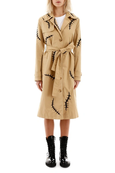 Shop Moschino Embroidered Trench Coat In Fantasia Beige