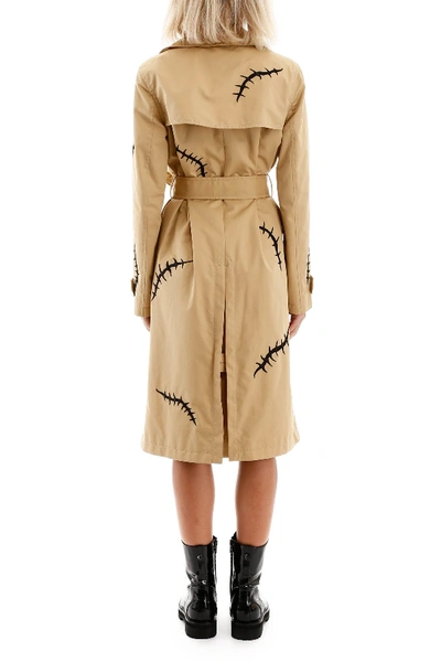 Shop Moschino Embroidered Trench Coat In Fantasia Beige