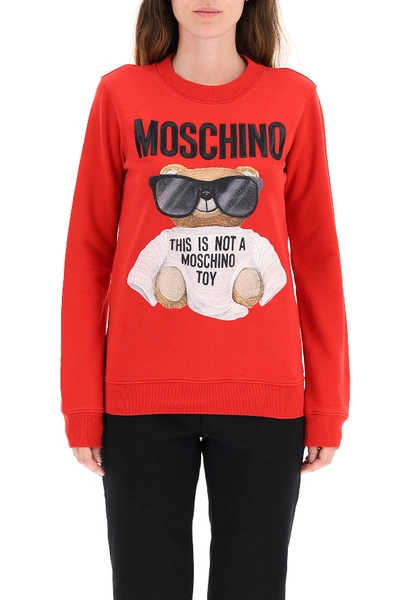 Shop Moschino Teddy Bear Embroidery Hoodie In Fantasia Rosso