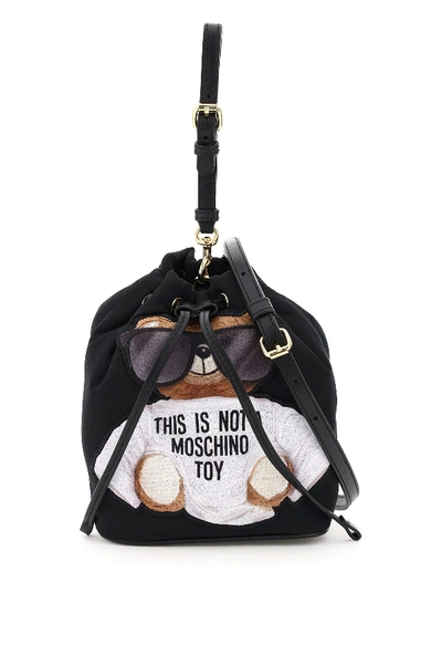 Shop Moschino Teddy Bear Mini Bucket Bag In Fantasia Nero