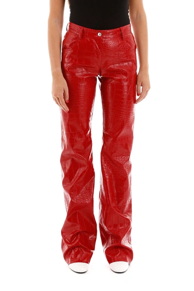 Shop Msgm Croc-print Faux Leather Trousers In Rosso