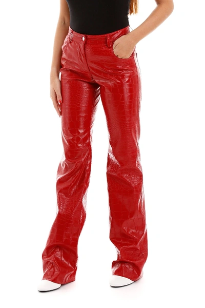 Shop Msgm Croc-print Faux Leather Trousers In Rosso
