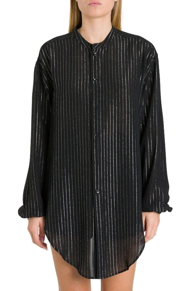 Shop Saint Laurent Overisized Shirt With Silver Stripes Motif In Black