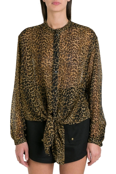 Shop Saint Laurent Oversized Tie-up Shirt In Leopard-print Wool Etamine In Brown