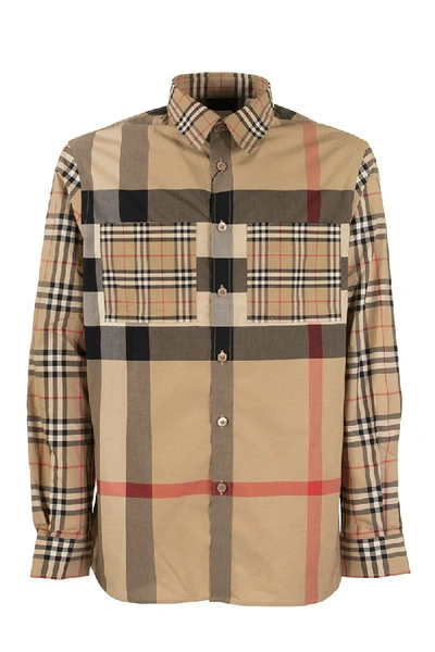 Shop Burberry Patchwork Check Stretch Cotton Shirt Tisford Arc.beige In Archive Beige