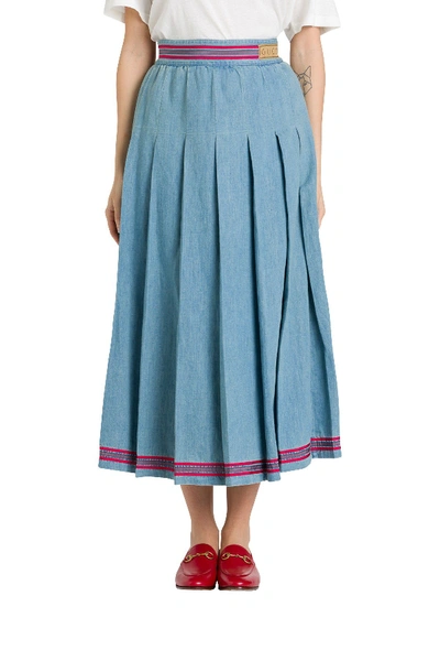 Shop Gucci Pleated Denim Skirt In Blu
