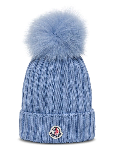 Shop Moncler Pom Pom Hat With Logo In Light Blue