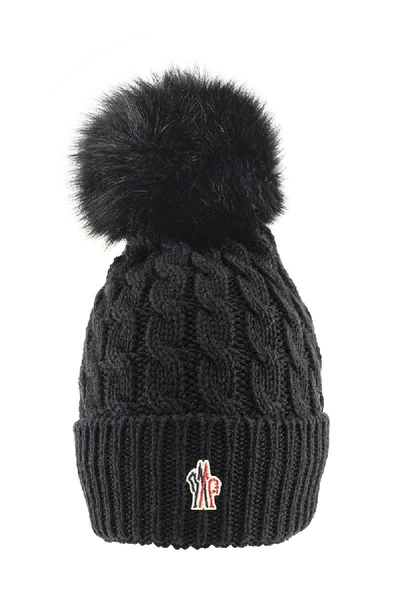 Shop Moncler Pompom Beanie Virgin Wool Logo Hat In Black