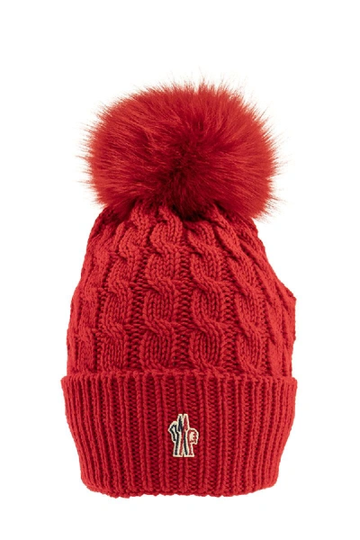 Shop Moncler Pompom Beanie Virgin Wool Logo Hat In Red