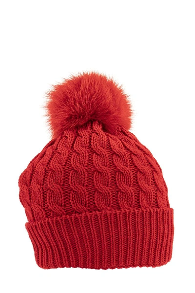 Shop Moncler Pompom Beanie Virgin Wool Logo Hat In Red