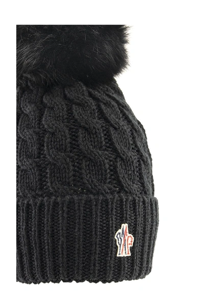 Shop Moncler Pompom Beanie Virgin Wool Logo Hat In Black