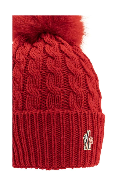 Shop Moncler Pompom Beanie Virgin Wool Logo Hat In Red