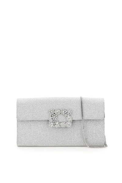 Shop Roger Vivier Flower Buckle Envelope Glitter Clutch In Argento Nero