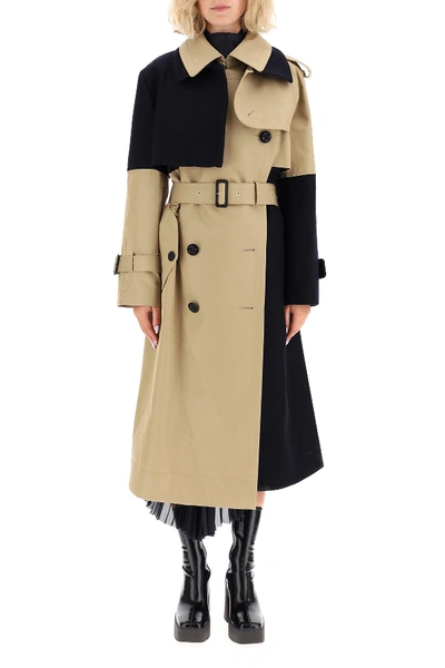 Shop Sacai Two-tone Trench Coat In Beige Navy