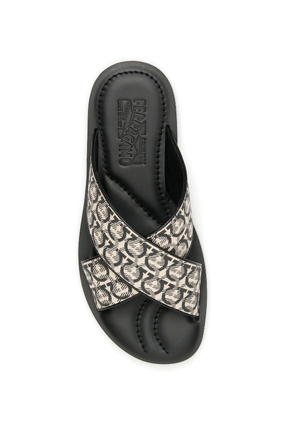 Ferragamo Men's Sion 3 Gancio-print Slides In Beige Nero