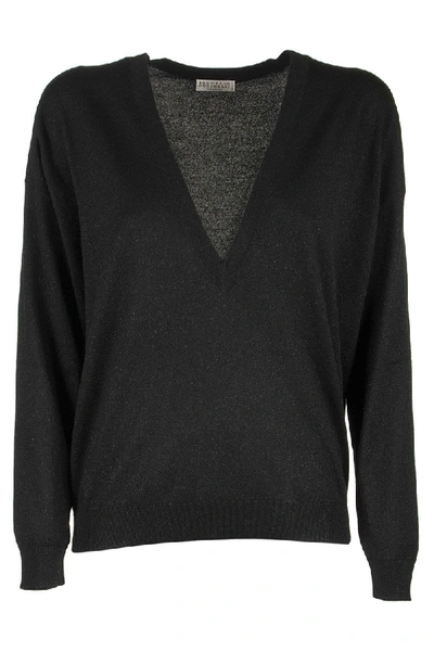 Shop Brunello Cucinelli Scoop Neck Cashmere And Silk Sparkling Yarn Lightweight Sweater In Charcoal