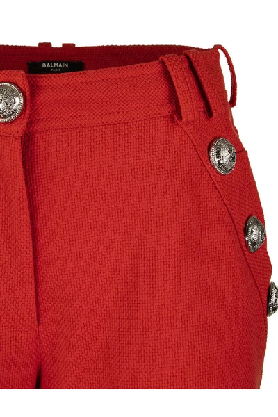 Shop Balmain Short Cotton Shorts With Buttons In Orange Red